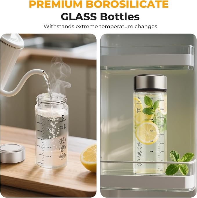 Sursip 16 oz Glass Juice Bottles – 4 Pack Wide Mouth Borosilicate Glass Bottles with Lids – Heat-Resistant, BPA Free, Leakproof & Reusable for Juicing, Smoothies, Milk, Protein, Water