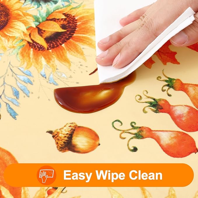 Smiry Fall Rectangle Table Cloth, Waterproof Vinyl Tablecloth with Flannel Backing, Wipeable Autumn Sunflower Plastic Tablecloths for Harvest and Thanksgiving Parties, (60"x102", Gold)
