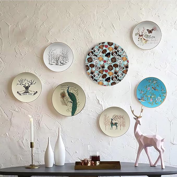 Ceramic Display Plate, Dog Lover Ceramic Hanging Decorative Plate, Canine Breeds Bulldog Chihuahua Siberians and Retriever, 7 Inch, Living Room Kitchen Decoration Household, Multicolor