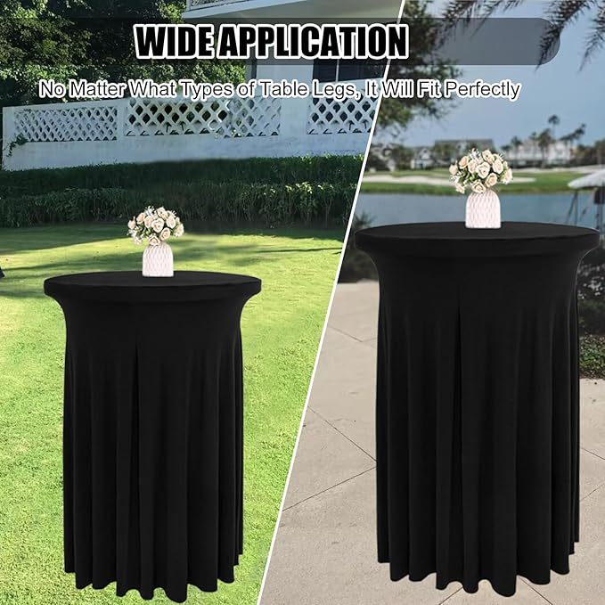 4 Packs 32 x 43 Inch Spandex Round Cocktail Table Skirts with Wavy Drapes Stretch Cocktail Tablecloth Fitted High Top Tables for Wedding Bar Party Banquet (Black)