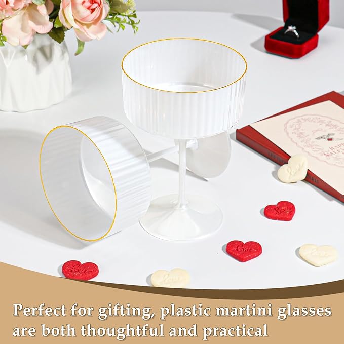 24 PCS Champagne Martini Glasses Pearl White 10 oz Espresso Martini Glasses Gold Rim Disposable Plastic Ribbed Coupe Glasses Vintage Cocktail Glass Champagne Coupe Cup For Wedding Anniversary