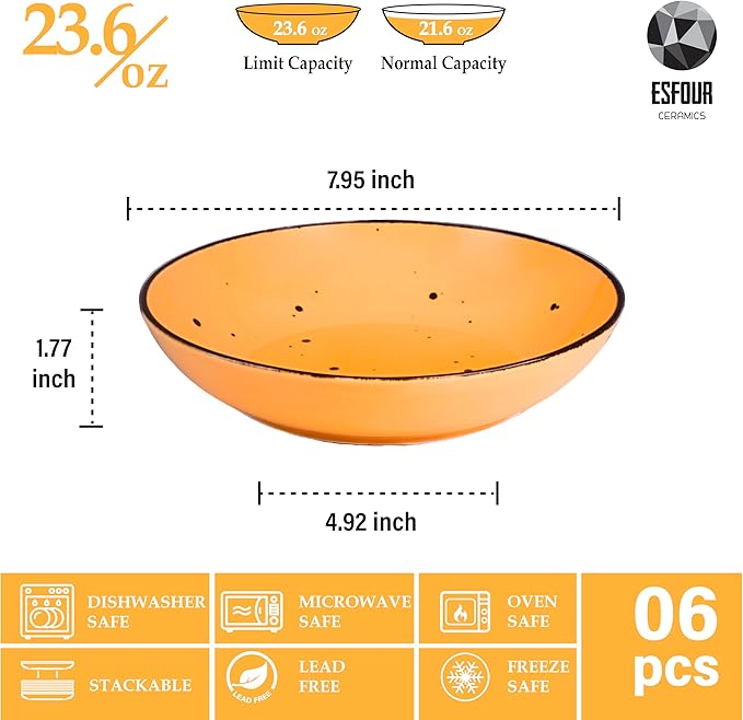Esfour 8 Inch Porcelain Pasta Bowl, 23.6 Ounce Salad Bowls, Microwave & Dishwasher Safe, Sturdy & Stackable, Set of 6 Ceramic Bowl Plate Set, Wide Shallow Salad Bowls, Blossom Assorted Colors
