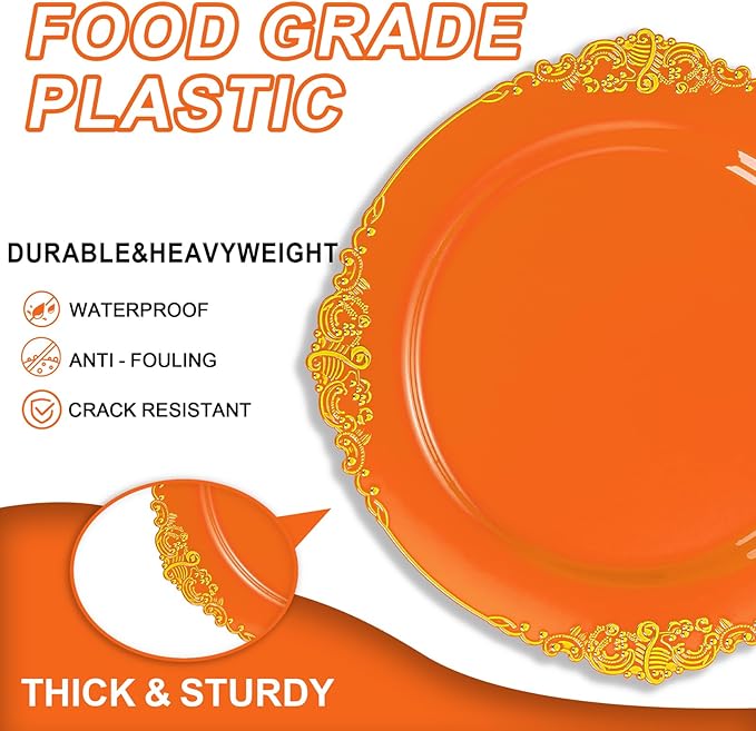 102PCS Orange Plastic Plates - Orange and Gold Disposable Plates - Party Plate with Gold Rim - Vintage Disposable Plate Serving for 51Guests for Party & Wedding