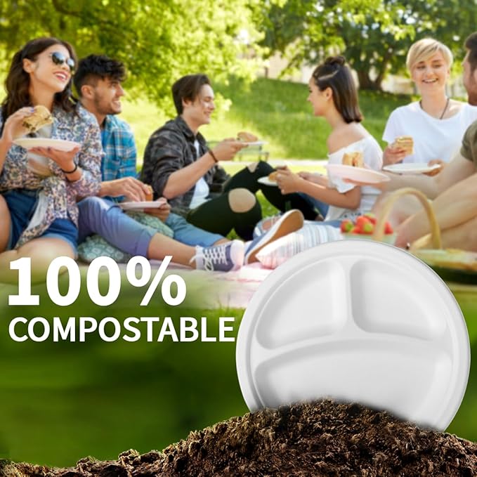 10 Inch 3 Compartment Paper Plates 【White 150 Pack】, Compostable Divided Plates, 100% Sugarcane Bagasse, Heavy Duty Disposable Plates for Party, BBQ, Picnic, Catering