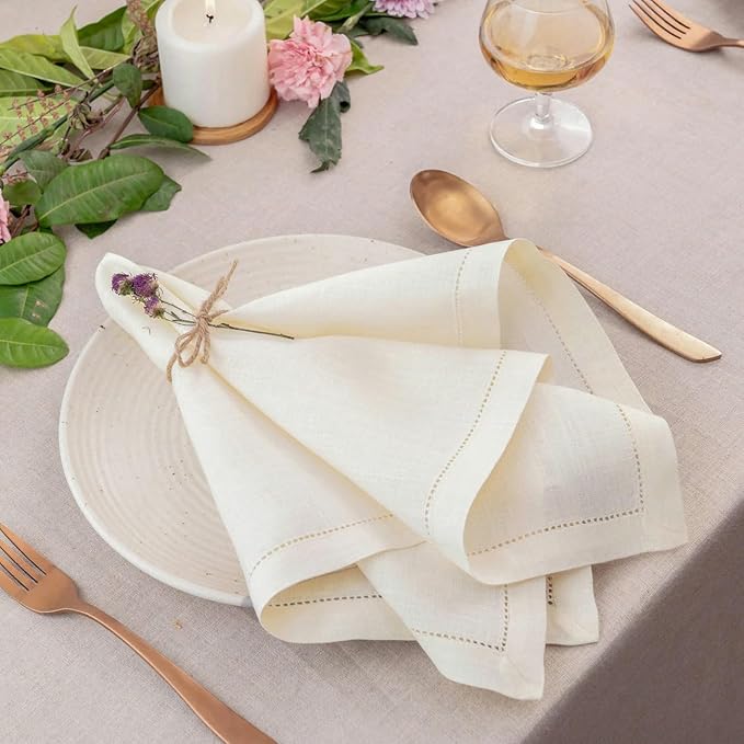 D'Moksha Homes Ivory Linen Napkins Set of 4 - Classic Hemstitch 100% Pure Linen Hemstitch Dinner Napkins 20 x 20 Inch for Valentines, Spring, Easter - Handcrafted and Machine Washable