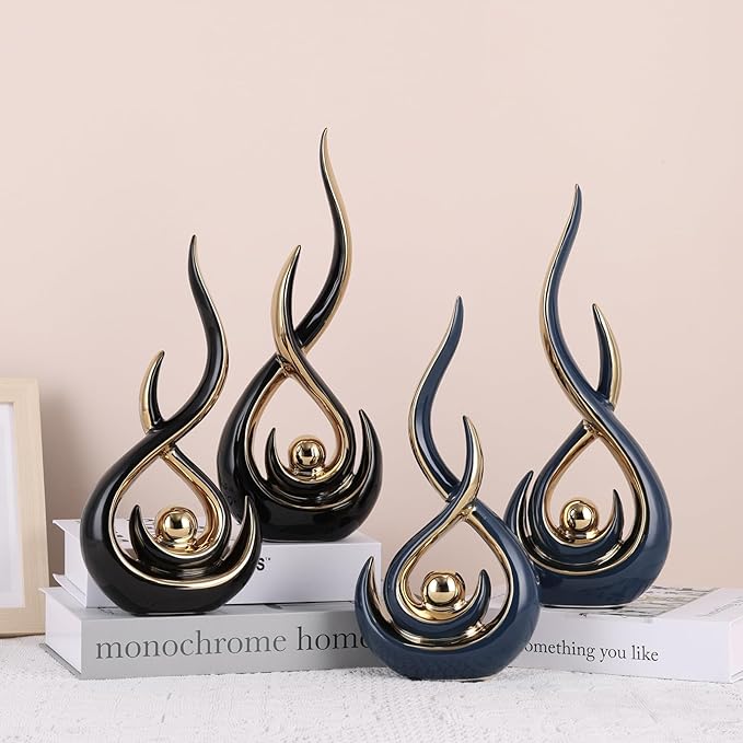 DOVDOV Ceramic Abstract 2 Piece Statue Set, Black and Gold Home Decor Accents for Home Decor Statue Mantelpiece on Unique Shelf Decor, TV Cabinet Divider Table top and Dining Table Centerpiece.