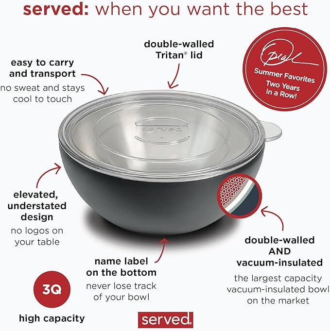 served Large Insulated Serving Bowl with Lid (100oz/3QT) - Double-Walled Stainless Steel Bowl for Hot & Cold Food - Vacuum Insulated, Spill-Resistant Thermal Bowl for Parties, Casseroles, Tailgates