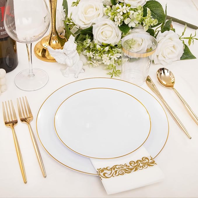 MirthMood 210Pcs Disposable Plastic Plates Set, Gold and White Plastic Party Plates, Includes:30 Dinner Plates, 30 Dessert Dinnerware, 30 Cups, 30 Napkin Cutlery for Spring Wedding,Birthday Party