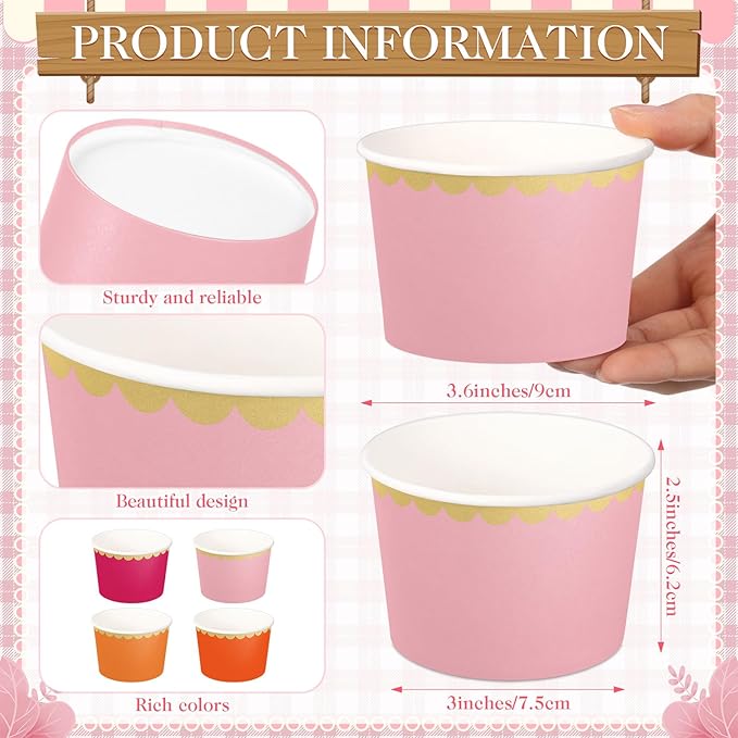 Zopeal 48 Pcs Pink and Orange Disposable Ice Cream Bowls 9oz Pink and Orange Gradient Color Paper Snack Cups with Gold Scallop for Parties, Weddings, Baby Showers, Desserts, Yogurt, and Salads