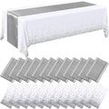 Breling 24 Packs White and Silver Disposable Plastic Tablecloths and Satin Table Runner Set, 54 x 108 Inch Tablecloth, 12 x 108 Inch Table Runners for Wedding Graduation Birthday Baby Shower