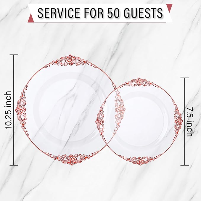 Nervure 100PCS Clear and Red Plastic Plates - Clear Red Disposable Plates Set, 50PCS 10.25" Dinner Plate & 50PCS 7.5" Dessert Plate Perfect for Wedding & Party