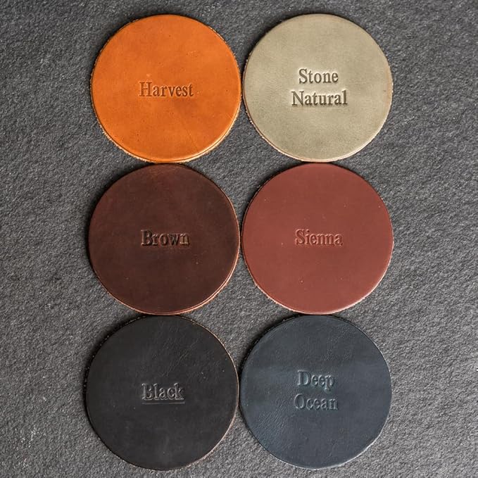 Ox & Pine Personalized Leather Coaster - Sold Individually or in Sets of 4 - Customize Inscription - 100% Full-Grain Leather – 4" Round or 4" Square (Square, Harvest, Set of 4 Coasters)