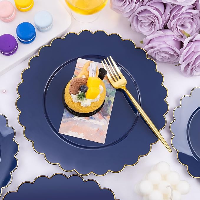 LIYH 60 Pcs Navy Blue Plastic Scalloped Plates with Gold Rim, Dark Blue Disposable Plates for Party Included 30 Dinner Plate 10.25 Inch,30 Dessert Plate 7.5 Inch Elegant Dishes Tableware