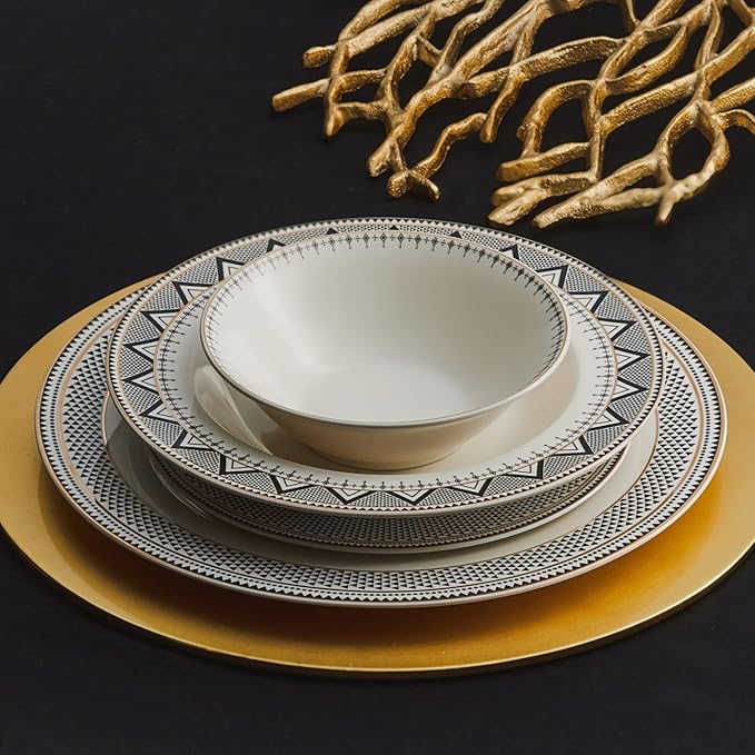 Karaca Globe 24-Piece Dinnerware Set for 6 People - Kitchen Dish Set for Salad, Soup, Pasta, Noodle & More - Modern Chic Porcelain Dishware Plate Set (White with Black Triangle Design)