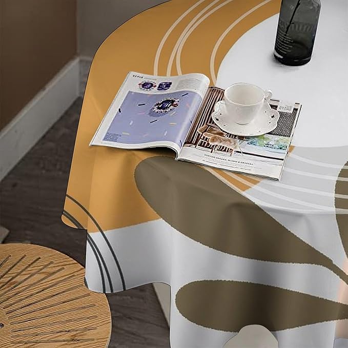 Boho Mid Century Round Tablecloth, Bohemian Abstract Modern Leaves Tablecloth for Home Party Dining Room Kitchen Decor 36Inch(90cm)