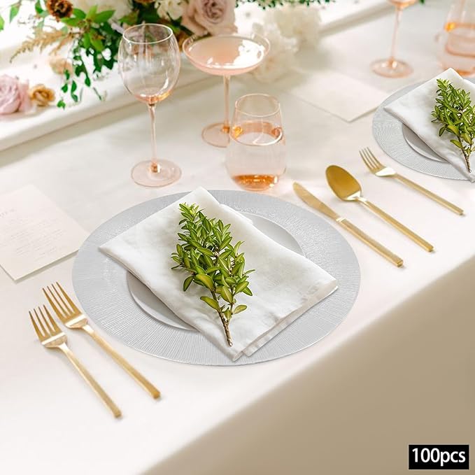 100 Pcs Antique Charger Plates Bulk, 13in Reusable Serving Plates Embossed Rim Plastic Party Dinner Plate Chargers Round Decorative Server Plate for Wedding Party Event Tableware
