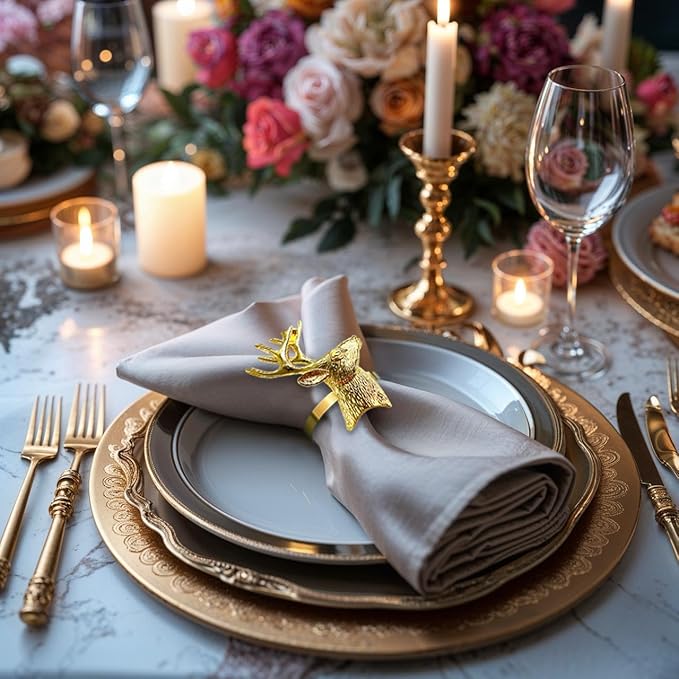 Decozen Set of 12 Gold Napkin Rings in Stag Design, Festive, Table Decor Setting for Holiday, Wedding, Birthday, Kitchen, Home Decor, Housewarming Gift - Thanksgiving & Christmas Gift Decoration