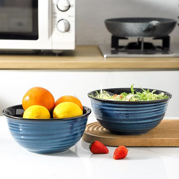 Serving Bowls, 60oz Ceramic Mixing Bowls Set of 2 for Baking Cooking Kitchen Party, 8.4 inch Large Durable Bowls for Soup Salad Ramen Pho Fruit Cereal Popcorn, Microwave & Dishwasher Safe, Blue