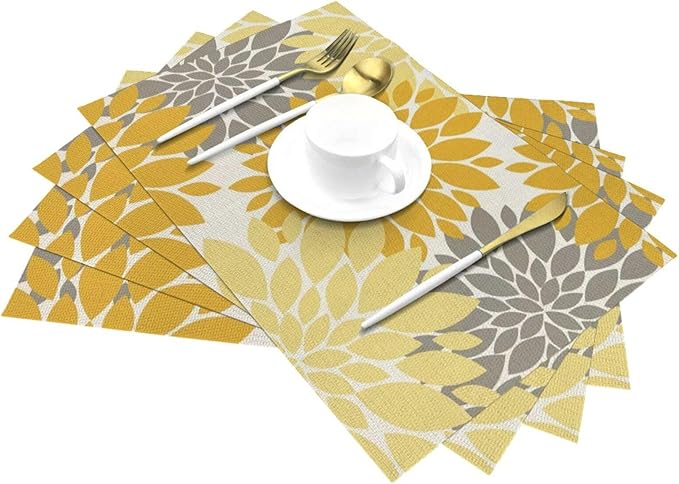 Boho Placemats 12x18 Inches Set of 4, Yellow Gray Dahlia Floral Decorative Place mats Fall Rectangle Flower Table Mats for Party Home Kitchen Dining Table Decor