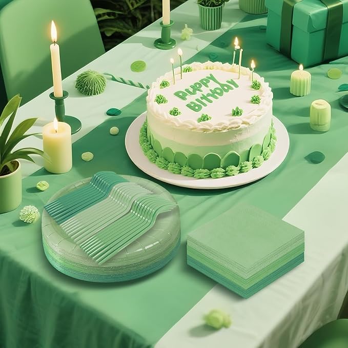Serves 35 Guests Gradient Sage Green Plates and Napkins Party Supplies,7" Gradient Sage Green Birthday Dessert Paper Plates and Napkins,Disposable Party Dinnerware for Wedding,Graduation