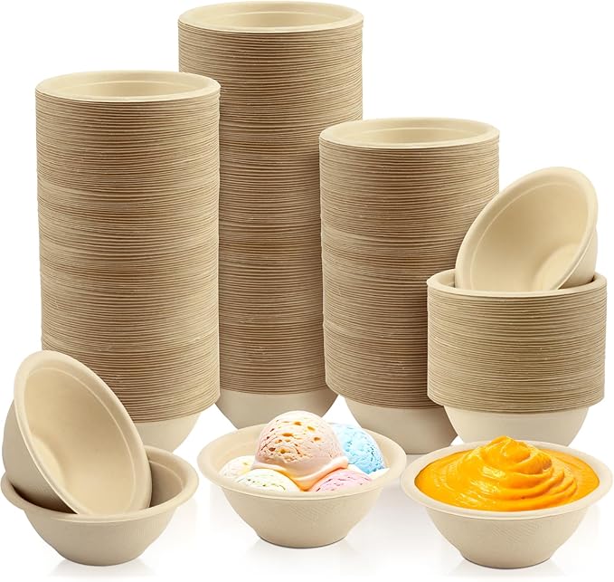 LeonBach 150 Pack 6oz Natural Bagasse Fiber Bowls, Small Disposable Paper Bowls Microwavable Safe Sample Snack Cups Charcuterie Serving Cups for Sauce Portion Condiment Ice Cream Desserts