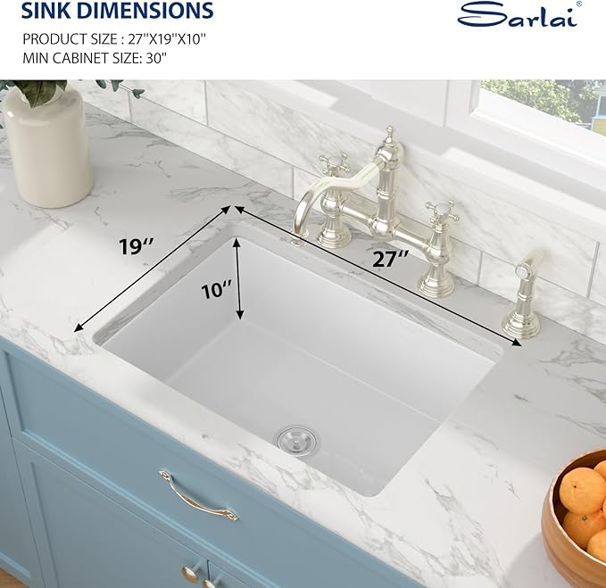 Sarlai 27 Inch White Undermount Sink Fireclay 27x19 Inch White Kitchen Sink Dual Drop in & Undermount Kitchen Sinks Single Bowl Deep Porcelain Ceramic Basin