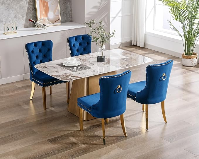 KCC Velvet Dining Chairs Set of 6, Upholstered High-end Tufted Dining Chair with Nailhead Back Ring Pull Trim Stainless Steel Legs, Contemporary Nikki Collection Modern Style for Kitchen, Blue