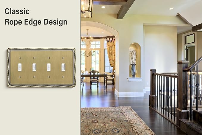 Henne Bery Rope Edge Decorative Wall Plate Switch Plate Outlet Cover (Quad Toggle, Antique Brass)