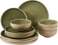 Gibson Elite Manila Bay 12-Piece Stoneware Dinnerware Set, Service for 4, Reactive Glaze Modern Artisan Plates, Bowls & Mugs, Green, Round Design