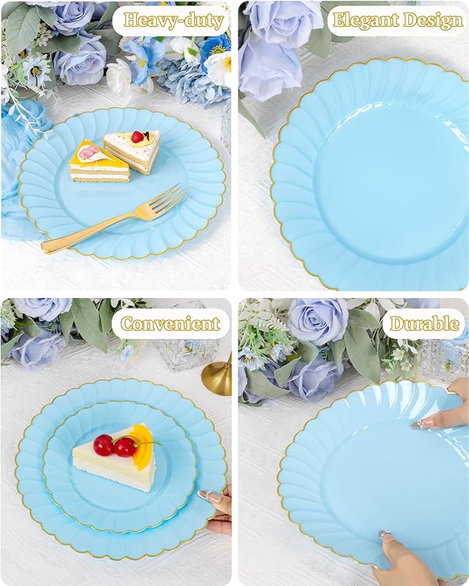 YOUBET 175PCS Blue Scalloped Plastic Plates - Light Blue Disposable Dinnerware Set Include 50 Plates, 75 Gold Silverware, 25 Cups, 25 Napkins for Party & Wedding & Baby Shower