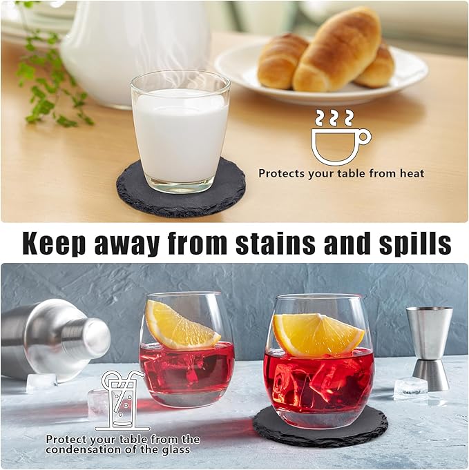 12 Pack Slate Drink Coasters with Metal Holder, VIBRATITE 4 Inch Black Slate Stone Coasters Bulk Laser Engraving Blanks with Anti-Scratch Bottom for Drink Coffee Bar Kitchen Home Decor, Round
