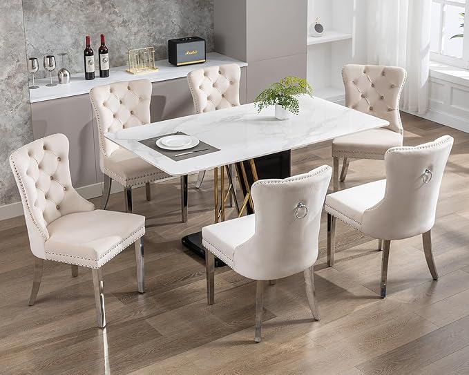 KCC Velvet Dining Chairs Set of 6, Upholstered High-end Tufted Dining Room Chair with Nailhead Back Ring Pull Trim Stainless Steel Legs, Contemporary Nikki Collection Modern Style for Kitchen, Beige