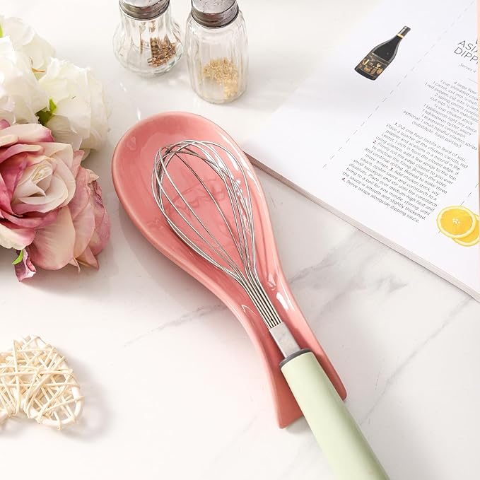 Ceramic Spoon Rest for Stove Top,Large 8.7 Inch Spoon Holder for Kitchen Counter,Porcelain Utensil Rest for Thankgiving and Mother's Day Gift,Dishwasher Safe and Heat-Resistant,Pink(1 PC)
