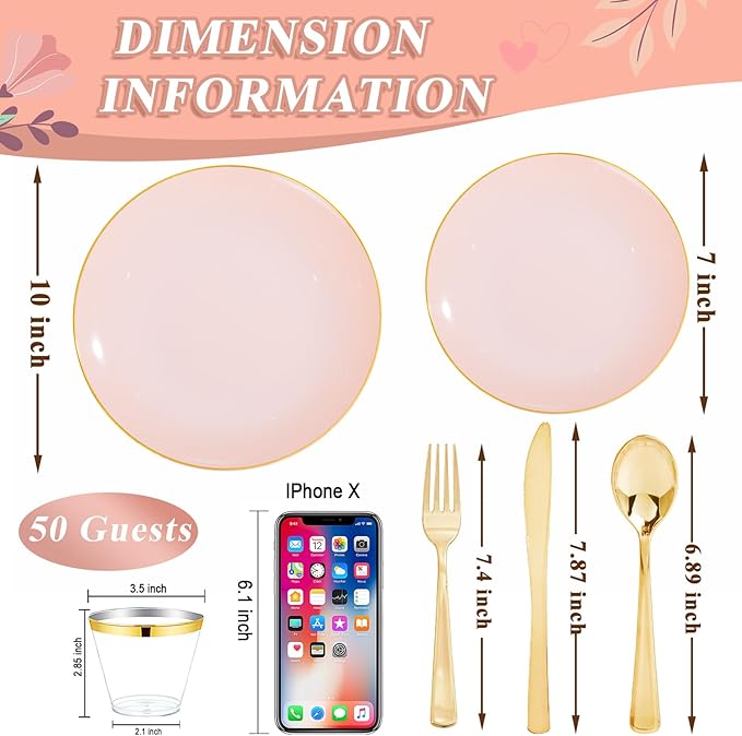 WDF 300Pcs Pink Plates Disposable - Pink and Gold Plastic Dinnerware Set for 50 Guests Include 50 Dinner & Cake Plates, 50 Disposable Cutlery, 50 9oz Cups for Wedding, Party, Valentine's Day