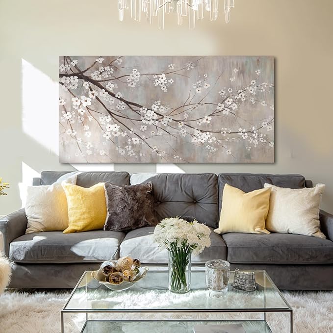 XIANSHOU Botanical Wall Decor Paintings Canvas Wall Art for Living Room White Flower Pictures Artwork Decorations for Bedroom Dining Room Office 29"x 58" Home Decor Ready to Hang