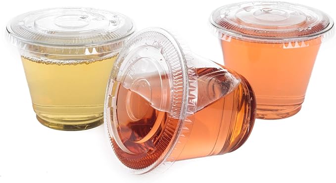 Golden Apple, 9oz-50sets Clear Plastic Cups with Clear Flat no Hole lids…