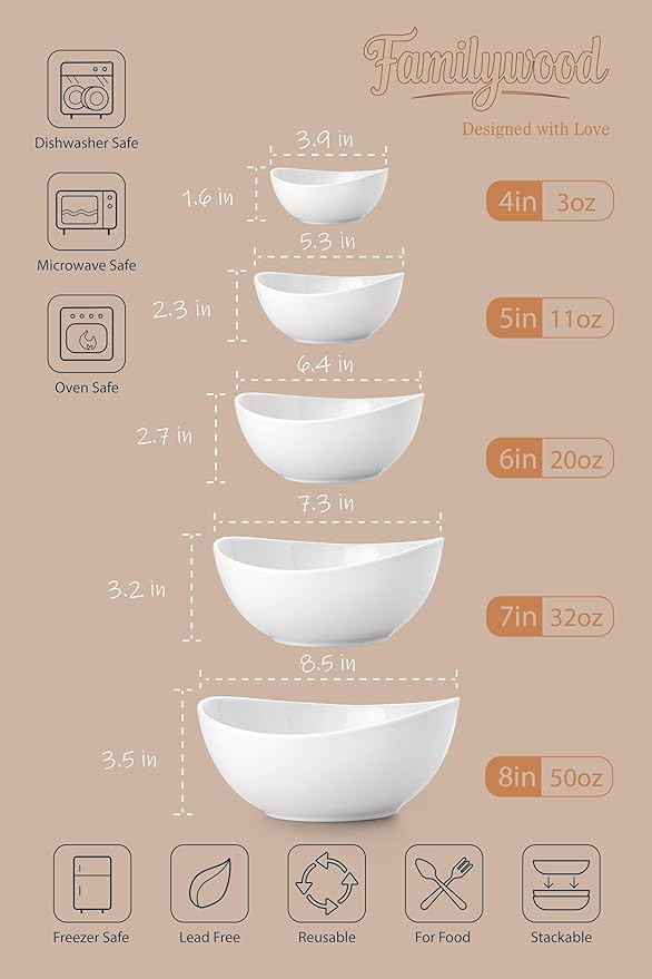 Porcelain Serving Bowls set for Entertaining, 3-11-20-32-50 Ounce, Scratch Resistant, 5 Piece Serving Bowl Set, Prep Salad Bowls for Christmas Thanksgiving, Dishwasher Safe, Pure White