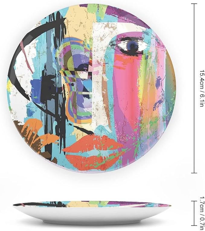 Decorative Plates, Abstract Print Ornament, Woman Face Art Paint Strokes and Splashes Eye Red Lips Grungy, 8 Inch, Kitchen Wall Decor, Multicolor