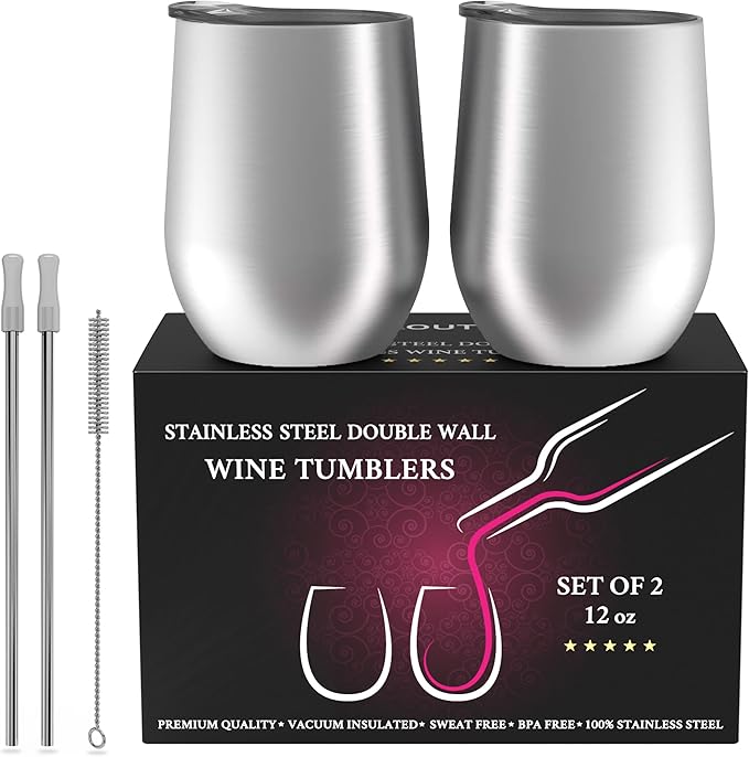CHILLOUT LIFE 12 oz Stainless Steel Wine Tumblers 2 Pack - Double Wall Vacuum Insulated Wine Glasses Cups with Lids and Straws Set Keeping Cold & Hot for Coffee, Beer, Ice Cream - Dishwasher Safe