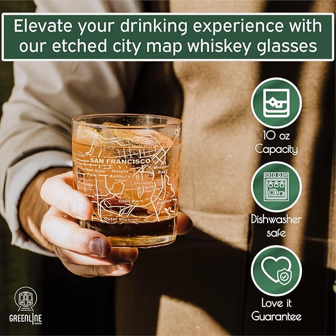 Greenline Goods Whiskey Glasses - 10 Oz Tumbler Gift Set for San Francisco lovers, Etched with San Francisco Map | Old Fashioned Rocks Glass - Set of 2