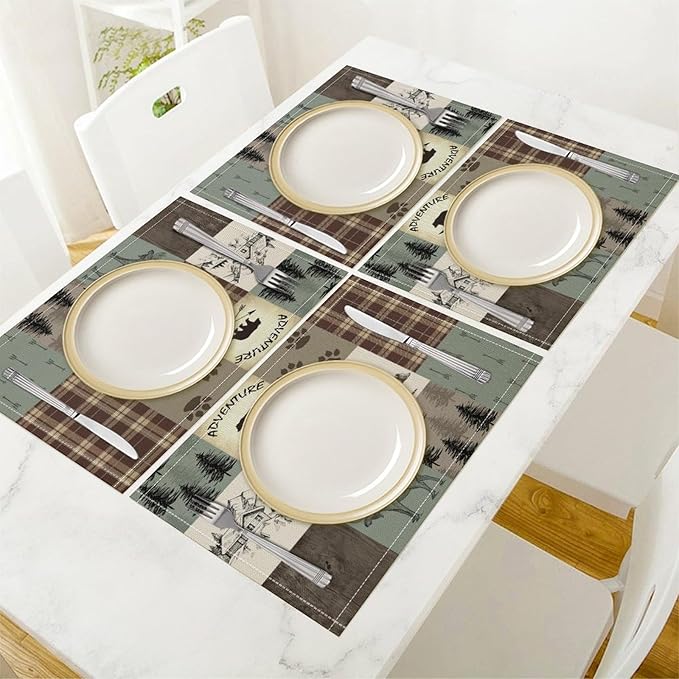 Rustic Bear Deer Placemats Wildlife Moose Forest Animal Cabin Lodge Heat-Resistant Linen Table Place Mats for Dining Kitchen Country Camp Style Farmhouse Decor 12x18 in 6 PCS, Countryside-6