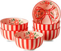 Ceramic Soup Bowls Set of 6,30 Ounce Stoneware Cereal Bowl,Porcelain Nesting Bowls for Oatmeal,Popcorn,Soup,Pasta,Fruit,Christmas Gift,Microwave & Dishwasher Safe,Christmas Bow