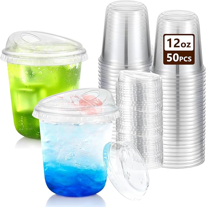 50 Pack 12 oz Clear Plastic Cup With Sip Lids ,Thickened Disposable Iced Coffee Cups for To Go Cold Drinks Latte Juice Smoothie Slushie Milkshake For Drink Shop Parties Events, Leakproof & BPA-Free