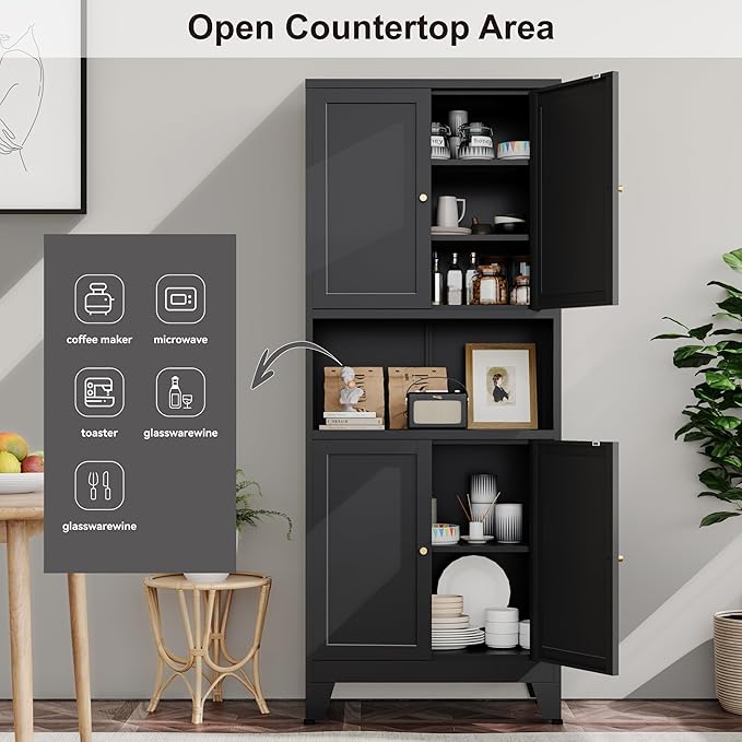 Metal Pantry Storage Cabinet, 69" Tall Storoge Cabinet with 4 Doors & 3 Adjustable Shelves, Microwave Stand with Storage for Kitchen, Dining Room, Living Room (1PC,Black)