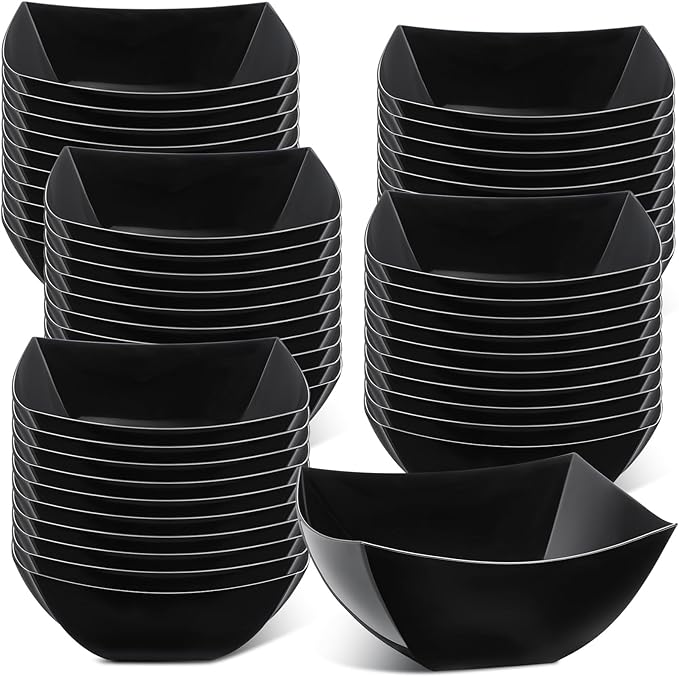 Tanlade 50 Pcs Square Plastic Serving Bowls Disposable Snack Salad Bowl Small Party Candy Bar Containers Taco Bar Serving Dishes for Buffet Chips Fruit(Black,16 oz)