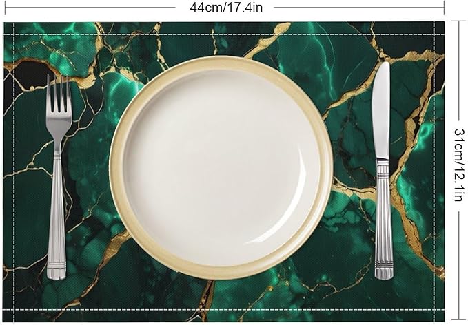 Marble Linen Placemats Set of 4, Modern Luxury Foil Texture Hunter Green White Gold Marble Washable Cloth Place Mats, Non-Slip Dining Table Placemats for Home Kitchen Party Banquets Decor 12x17 Inch