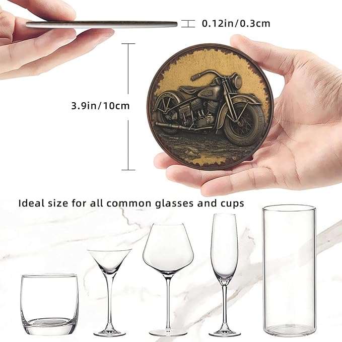 Retro Motorcycle Coasters for Drinks with Holder Round Leather Coasters Set of 6 Cups Mugs Mat Pad for Home Kitchen Bar