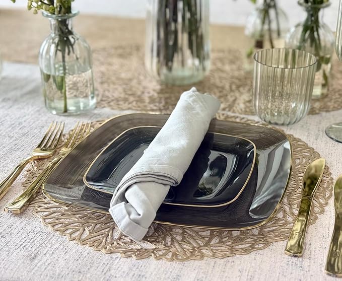 " OCCASIONS " 50 Plates Pack (25 Guests)-Wedding Party Disposable Plastic Plate Set -25 x 10'' Dinner + 25 x 7'' Salad & Dessert plates (Belize Square in Black & Gold)