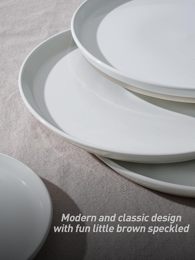 Famiware Saturn 16 Pieces Plates and Double Bowls Sets for 4, Stoneware Dinnerware Set with Pasta Bowl, Dish Set with Trim - Chip & Scratch Resistant, Microwave & Dishwasher Safe, White
