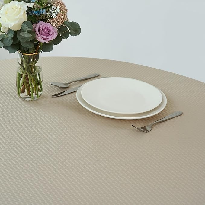 maxmill Round Weaved Texture Design Tablecloth Spill-Proof Wrinkle Free Soft Washable Table Cloth for Circular Table Cover, for Dining Room Buffet Banquet Parties Holiday Dinner, 70 Inch Natural